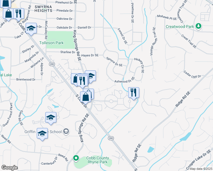 map of restaurants, bars, coffee shops, grocery stores, and more near 1380 Ashwood Court in Smyrna