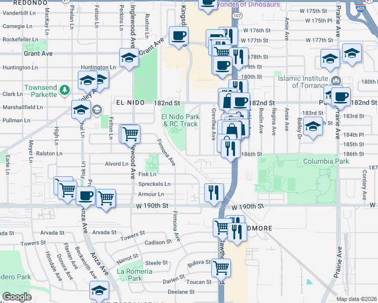 map of restaurants, bars, coffee shops, grocery stores, and more near 18528 Kingsdale Avenue in Redondo Beach