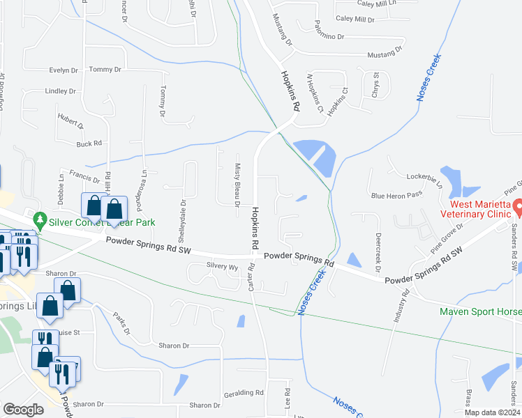 map of restaurants, bars, coffee shops, grocery stores, and more near 3741 Hopkins Road in Powder Springs