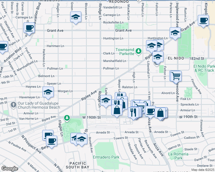 map of restaurants, bars, coffee shops, grocery stores, and more near 2209 Fisher Court in Redondo Beach