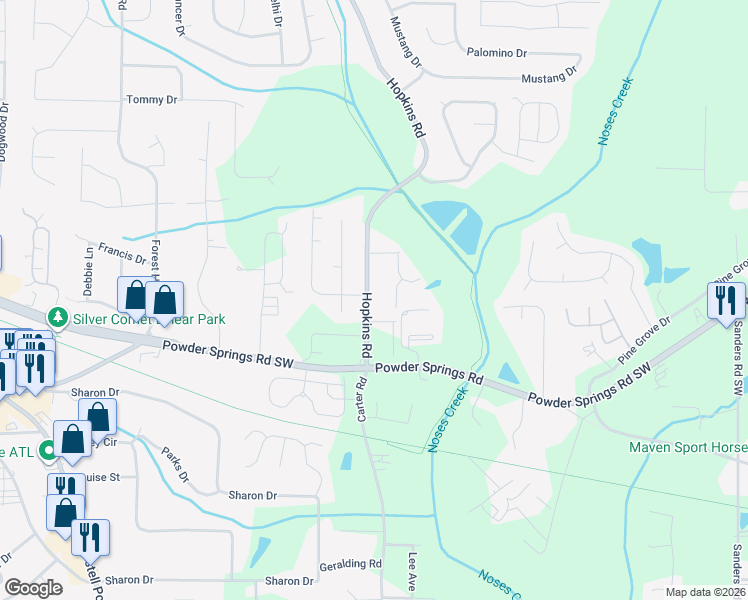 map of restaurants, bars, coffee shops, grocery stores, and more near 3741 Hopkins Road in Powder Springs