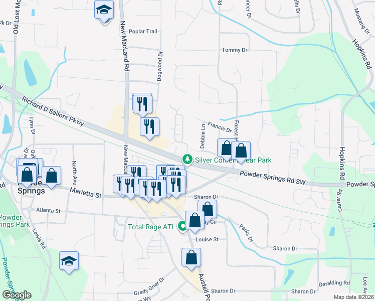 map of restaurants, bars, coffee shops, grocery stores, and more near 3764 Villa Springs Circle in Powder Springs