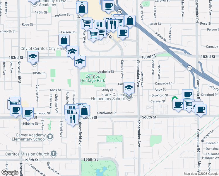map of restaurants, bars, coffee shops, grocery stores, and more near 12818 Cantrece Street in Cerritos