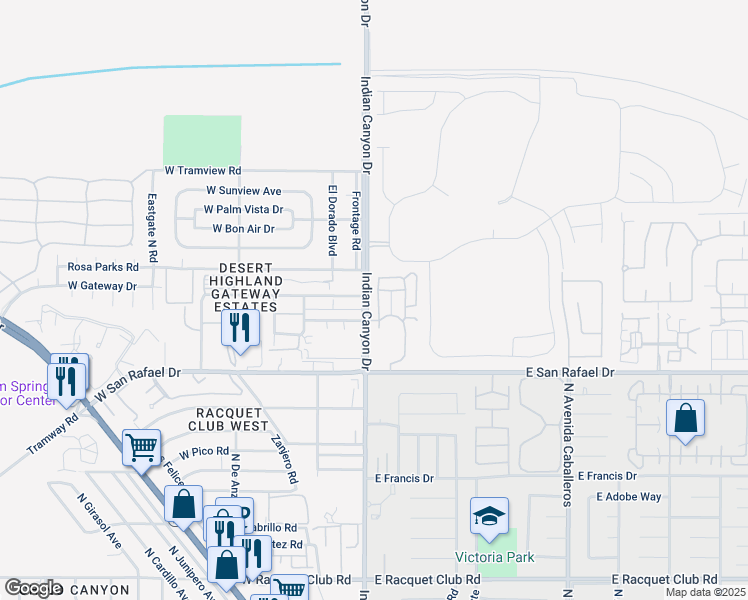 map of restaurants, bars, coffee shops, grocery stores, and more near 3581 Melody Lane in Palm Springs