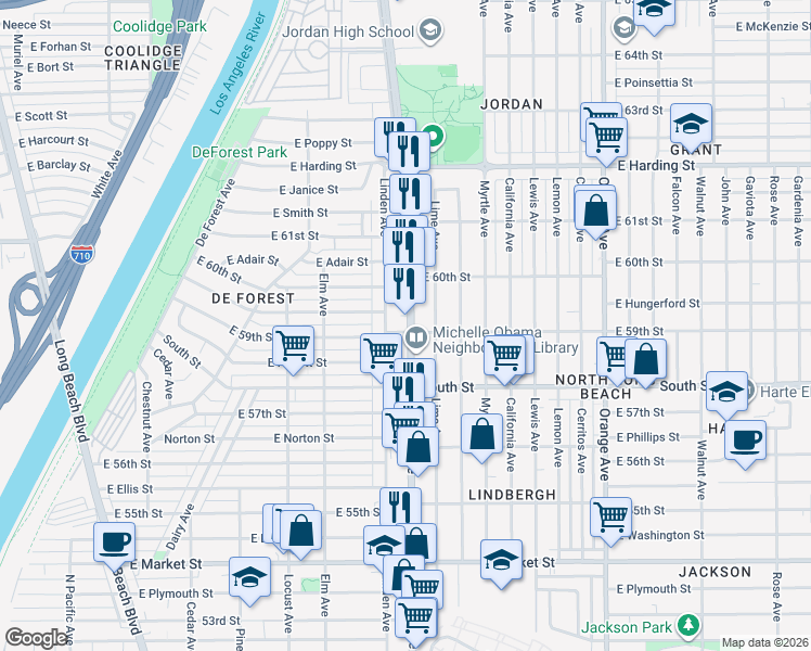 map of restaurants, bars, coffee shops, grocery stores, and more near 5928 Atlantic Avenue in Long Beach