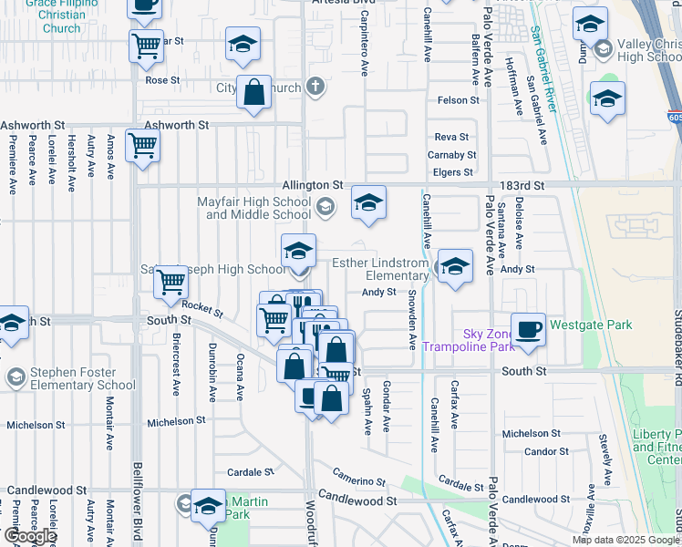 map of restaurants, bars, coffee shops, grocery stores, and more near 5930 Arabella Street in Lakewood