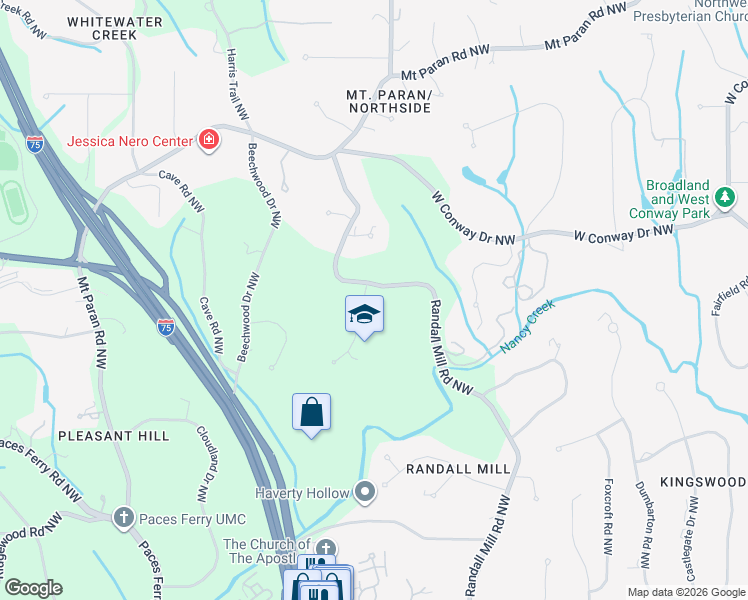map of restaurants, bars, coffee shops, grocery stores, and more near 3900 Randall Ridge Road Northwest in Atlanta