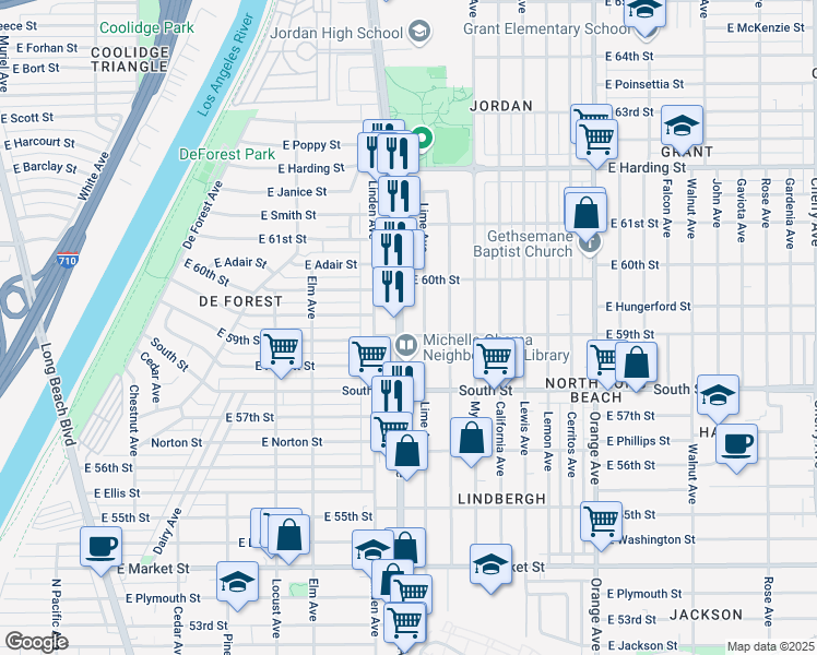 map of restaurants, bars, coffee shops, grocery stores, and more near 5928 Atlantic Avenue in Long Beach