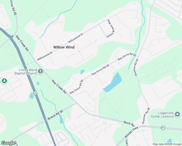 map of restaurants, bars, coffee shops, grocery stores, and more near 470 Bay Grove Road Southeast in Loganville