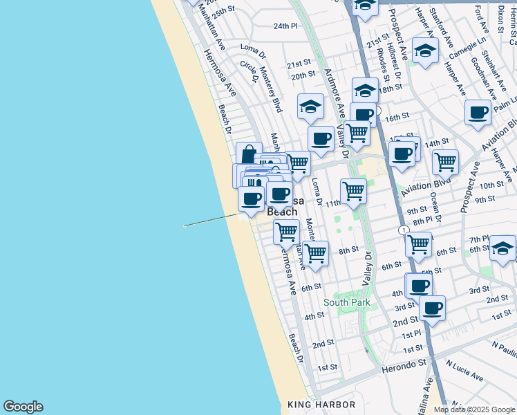 map of restaurants, bars, coffee shops, grocery stores, and more near 31 Pier Avenue in Hermosa Beach
