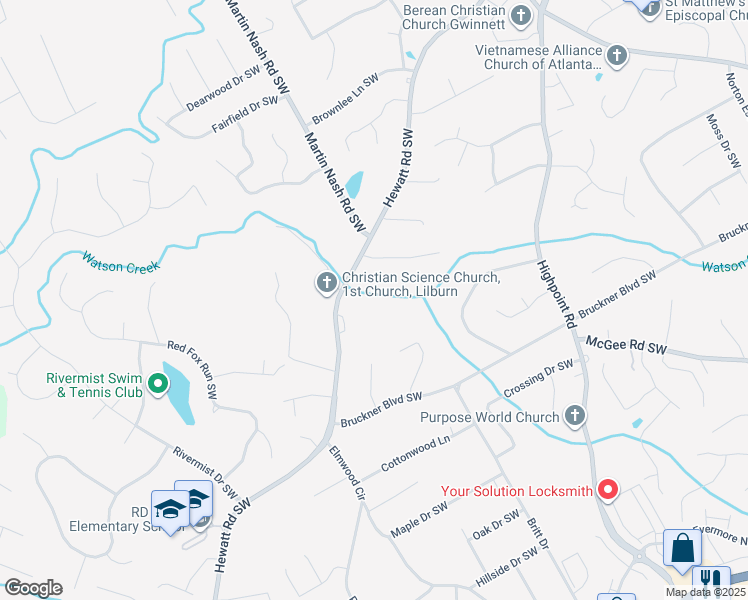 map of restaurants, bars, coffee shops, grocery stores, and more near 1628 Hewatt Road Southwest in Lilburn