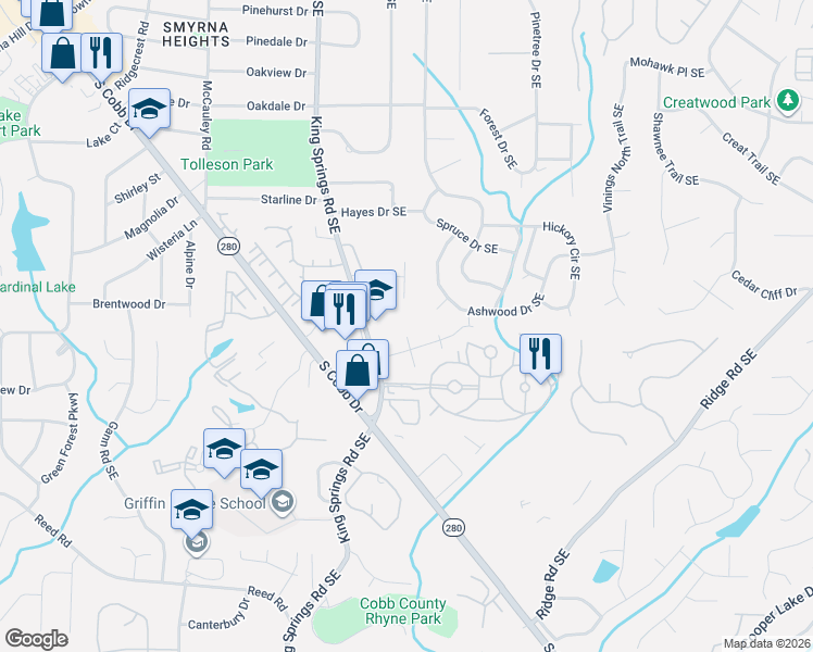 map of restaurants, bars, coffee shops, grocery stores, and more near 1380 Ashwood Court in Smyrna