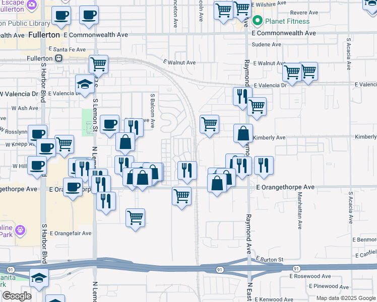 map of restaurants, bars, coffee shops, grocery stores, and more near 46 Fir Via in Anaheim