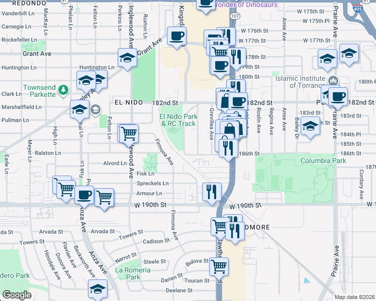map of restaurants, bars, coffee shops, grocery stores, and more near 18528 Kingsdale Avenue in Redondo Beach