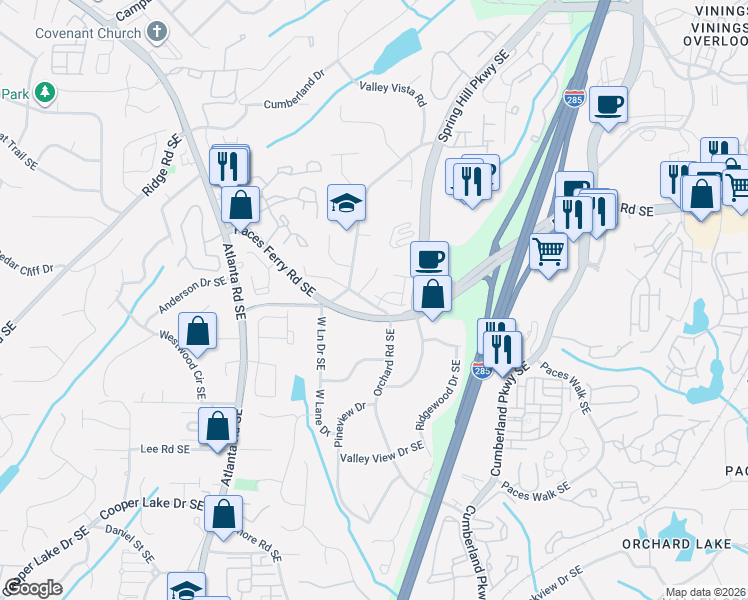 map of restaurants, bars, coffee shops, grocery stores, and more near 3509 Estates Lane Southeast in Smyrna