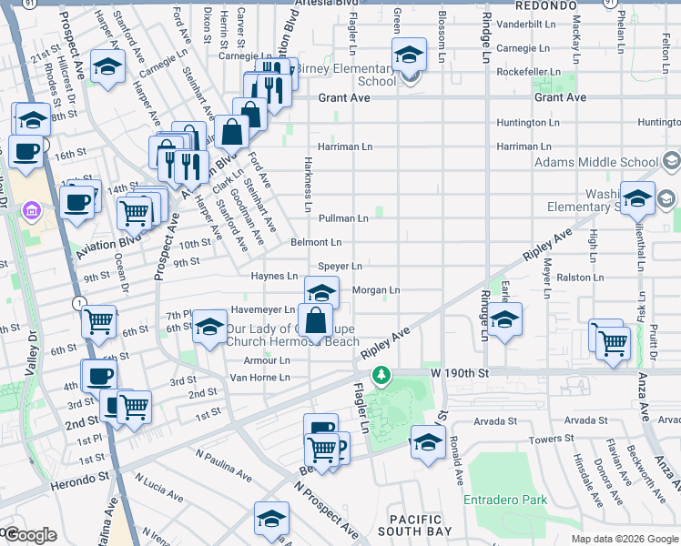 map of restaurants, bars, coffee shops, grocery stores, and more near 1816 Speyer Lane in Redondo Beach