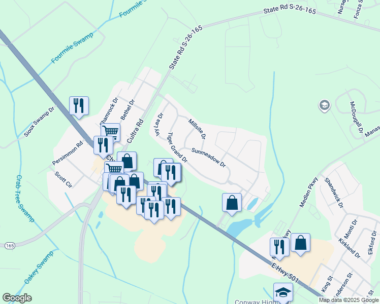 map of restaurants, bars, coffee shops, grocery stores, and more near 1712 Sunmeadow Drive in Conway