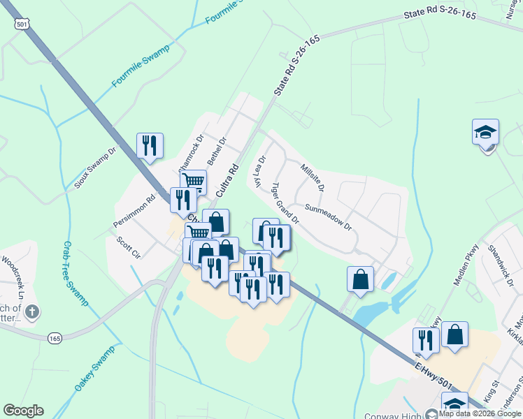 map of restaurants, bars, coffee shops, grocery stores, and more near 3144 Ivy Lea Drive in Conway