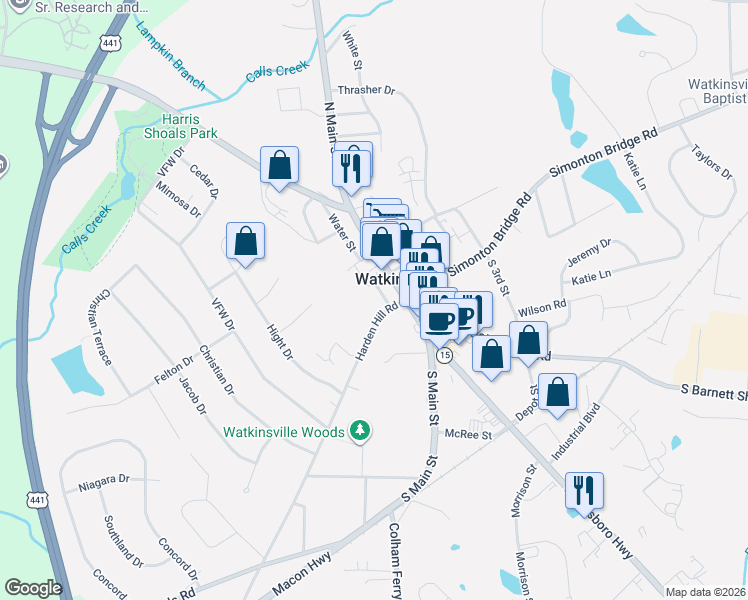 map of restaurants, bars, coffee shops, grocery stores, and more near School Street in Watkinsville