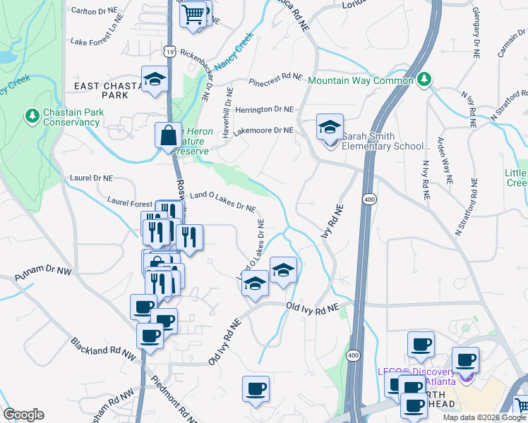 map of restaurants, bars, coffee shops, grocery stores, and more near 3953 Land O Lakes Drive Northeast in Atlanta
