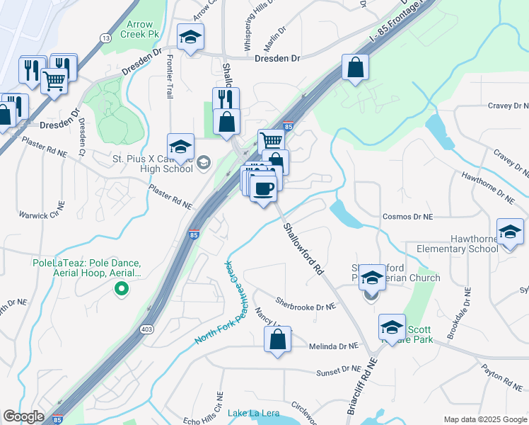 map of restaurants, bars, coffee shops, grocery stores, and more near 2558 Shallowford Road in Atlanta