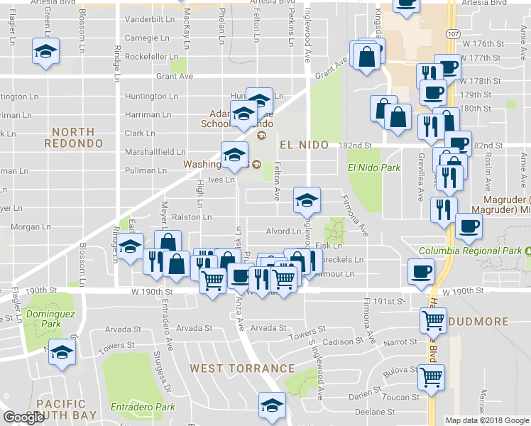 map of restaurants, bars, coffee shops, grocery stores, and more near 2519 Ralston Lane in Redondo Beach