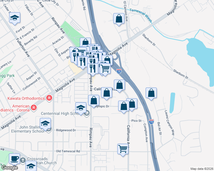map of restaurants, bars, coffee shops, grocery stores, and more near 1141 California Avenue in Corona