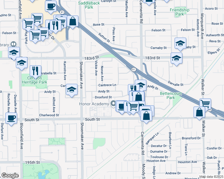 map of restaurants, bars, coffee shops, grocery stores, and more near 13163 Andy Street in Cerritos