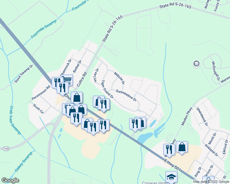 map of restaurants, bars, coffee shops, grocery stores, and more near 1713 Sunmeadow Drive in Conway