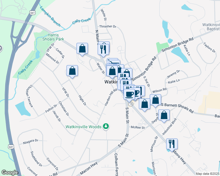 map of restaurants, bars, coffee shops, grocery stores, and more near 5 Water Street in Watkinsville