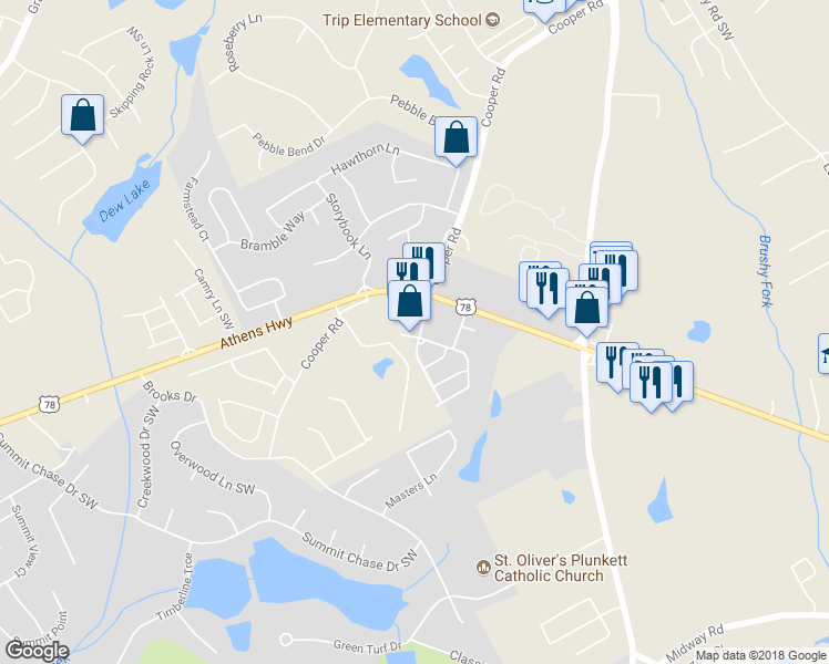 map of restaurants, bars, coffee shops, grocery stores, and more near 1505 Ben Park Way in Grayson