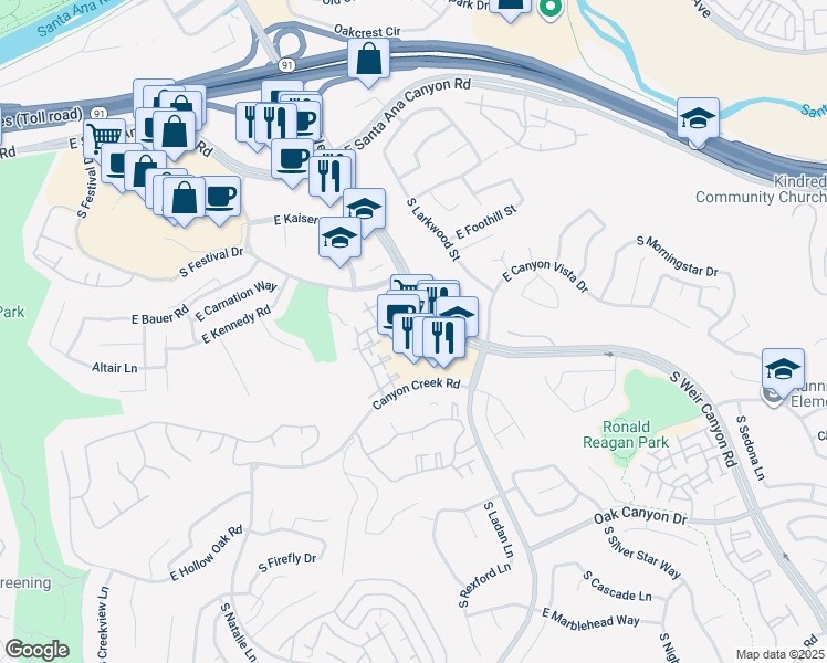 map of restaurants, bars, coffee shops, grocery stores, and more near 701 South Weir Canyon Road in Anaheim