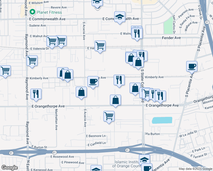map of restaurants, bars, coffee shops, grocery stores, and more near 322 South Acacia Avenue in Fullerton