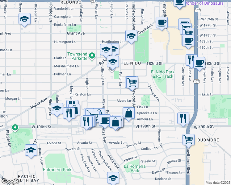map of restaurants, bars, coffee shops, grocery stores, and more near 2519 Ralston Lane in Redondo Beach