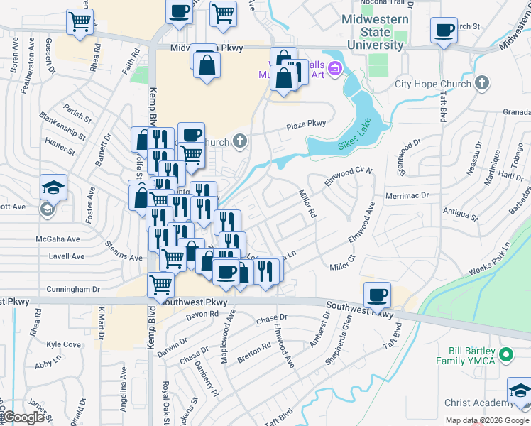 map of restaurants, bars, coffee shops, grocery stores, and more near 2024 Peachtree Lane in Wichita Falls