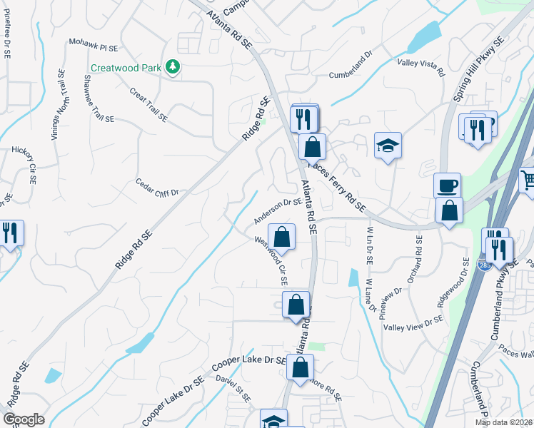 map of restaurants, bars, coffee shops, grocery stores, and more near 2047 Anderson Drive Southeast in Smyrna