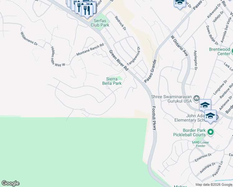 map of restaurants, bars, coffee shops, grocery stores, and more near 2412 Sierra Bella Drive in Corona