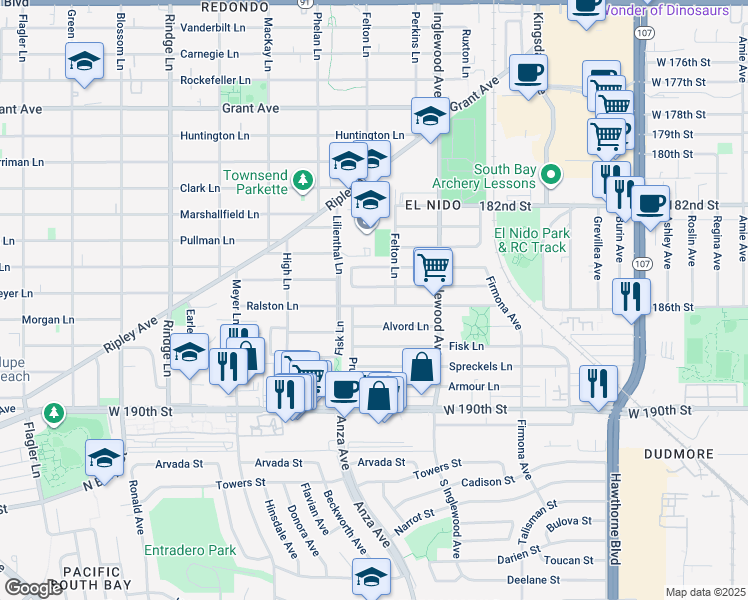 map of restaurants, bars, coffee shops, grocery stores, and more near 2517 Ralston Lane in Redondo Beach
