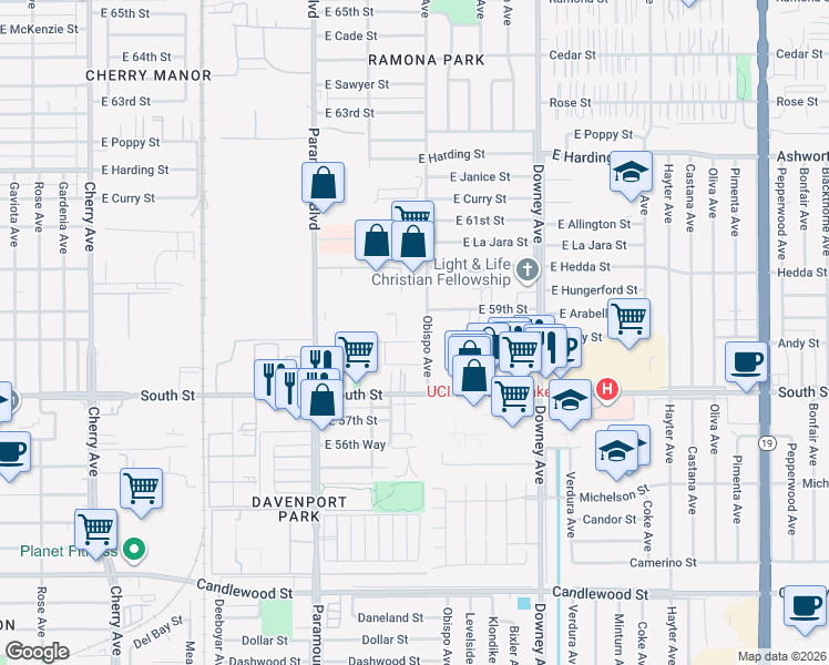 map of restaurants, bars, coffee shops, grocery stores, and more near 5875 Obispo Avenue in Long Beach