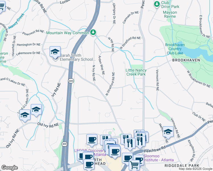 map of restaurants, bars, coffee shops, grocery stores, and more near 737 Stovall Boulevard Northeast in Atlanta