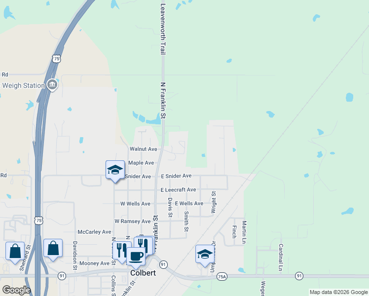 map of restaurants, bars, coffee shops, grocery stores, and more near 150 Oak Street in Colbert