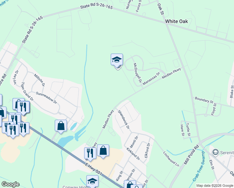 map of restaurants, bars, coffee shops, grocery stores, and more near in Conway