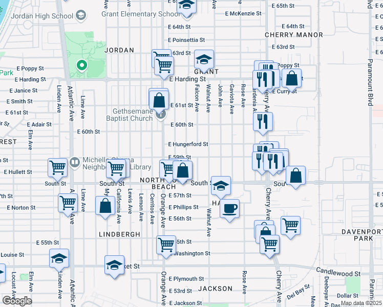 map of restaurants, bars, coffee shops, grocery stores, and more near 1444 East Hungerford Street in Long Beach