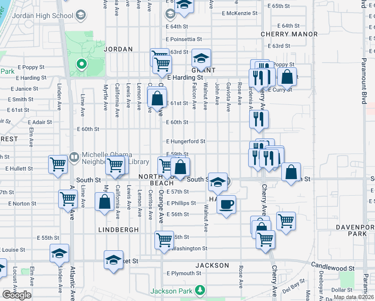 map of restaurants, bars, coffee shops, grocery stores, and more near 1409 East 59th Street in Long Beach