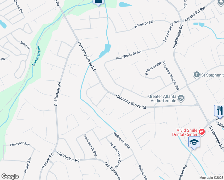 map of restaurants, bars, coffee shops, grocery stores, and more near 302 Harmony Grove Road in Lilburn
