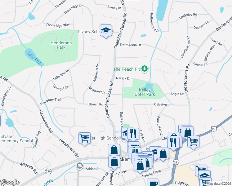 map of restaurants, bars, coffee shops, grocery stores, and more near 2604 Ball Park Drive in Tucker