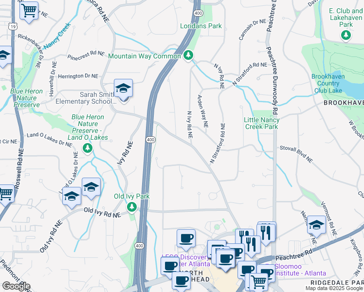 map of restaurants, bars, coffee shops, grocery stores, and more near 3962 Wieuca Road Northeast in Atlanta