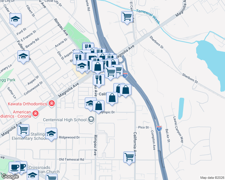 map of restaurants, bars, coffee shops, grocery stores, and more near 1141 California Avenue in Corona