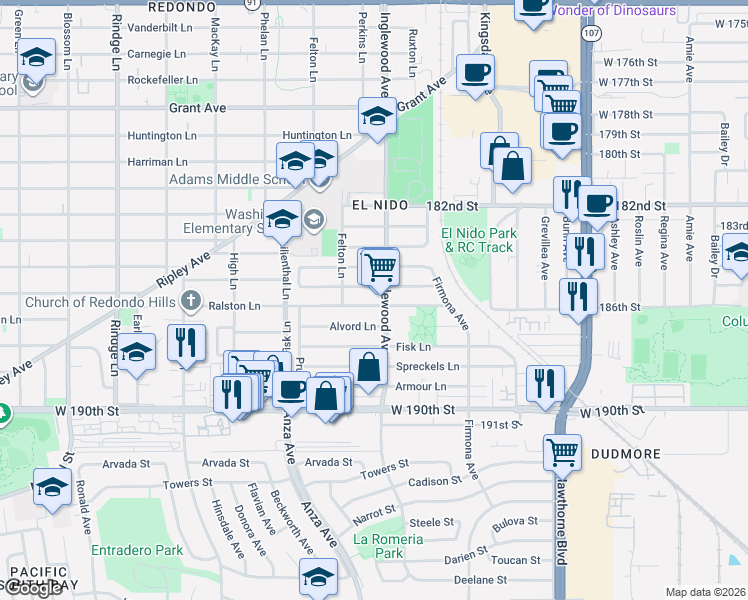 map of restaurants, bars, coffee shops, grocery stores, and more near 2610 185th Street in Redondo Beach