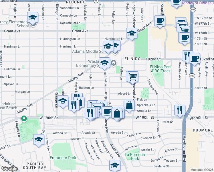 map of restaurants, bars, coffee shops, grocery stores, and more near 901 Pruitt Drive in Redondo Beach